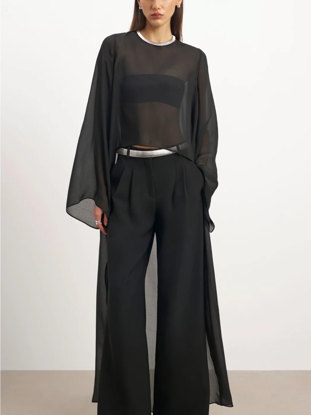 Sheer Black Long-Sleeve Chiffon Blouse
